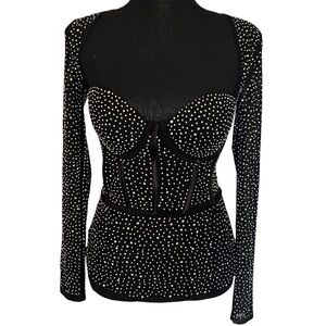 BANJUL Black Rhinestone Corset Top Long Sleeve Bustier Sz S Glam Party Club Wear